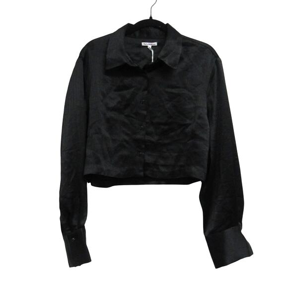 NEW Reformation Black Button Down Textured Crop Top Blouse Size Large - Picture 7 of 7